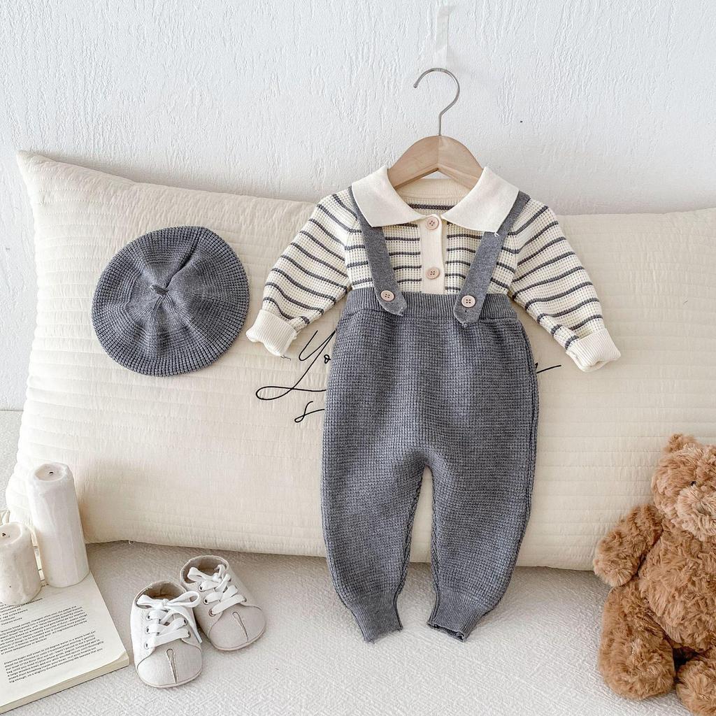 New Fall/Winter Infant Waffle Knit Cardigan & Striped Long Sleeve Overalls Set