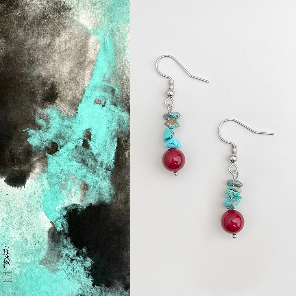 Chinese-Style Artistic Irregular Turquoise Tassel Earrings - Ethnic Ear Hooks for Women