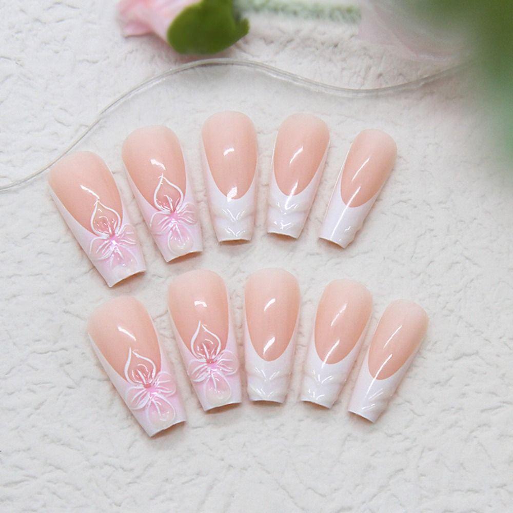 24pcs Detachable Long Ballerina False Nails Shining Rhinestones White Edge Fake Nails Full Cover French Press On Nails Women