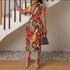 Women's V-Neck Slim Fit Printed Dress - Sexy Graffiti Tie-Dye Denim Washed Pattern Dress, Stylish and Elegant Bodycon Dress,Perfect for Casual Wear