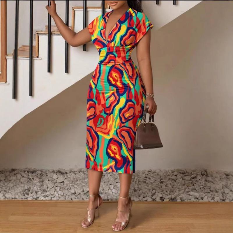 Women's V-Neck Slim Fit Printed Dress - Sexy Graffiti Tie-Dye Denim Washed Pattern Dress, Stylish and Elegant Bodycon Dress,Perfect for Casual Wear