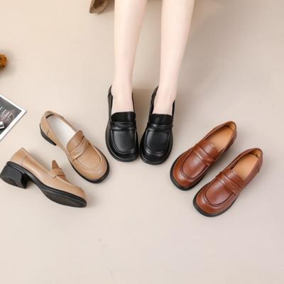 Cowhide Women's Shoes, Genuine Leather, Low-top Thick Heel, Medium Heel, Soft Sole, Soft Surface, Round Head, Comfortable and Versatile, Casual Office