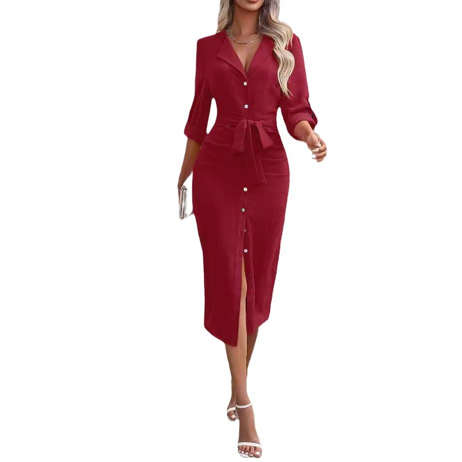 2024 Autumn Solid Color Lapel Waist Tie Slit Dress for Women