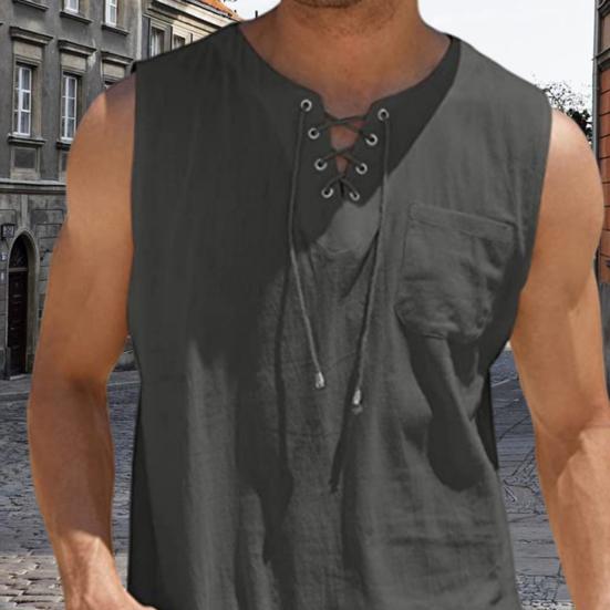 Men's Sleeveless T-shirt Lace Up V-Neck Loose Fit Blouse with Chest Pocket Solid Color Casual Summer Top for Daily Wear Gym Travel