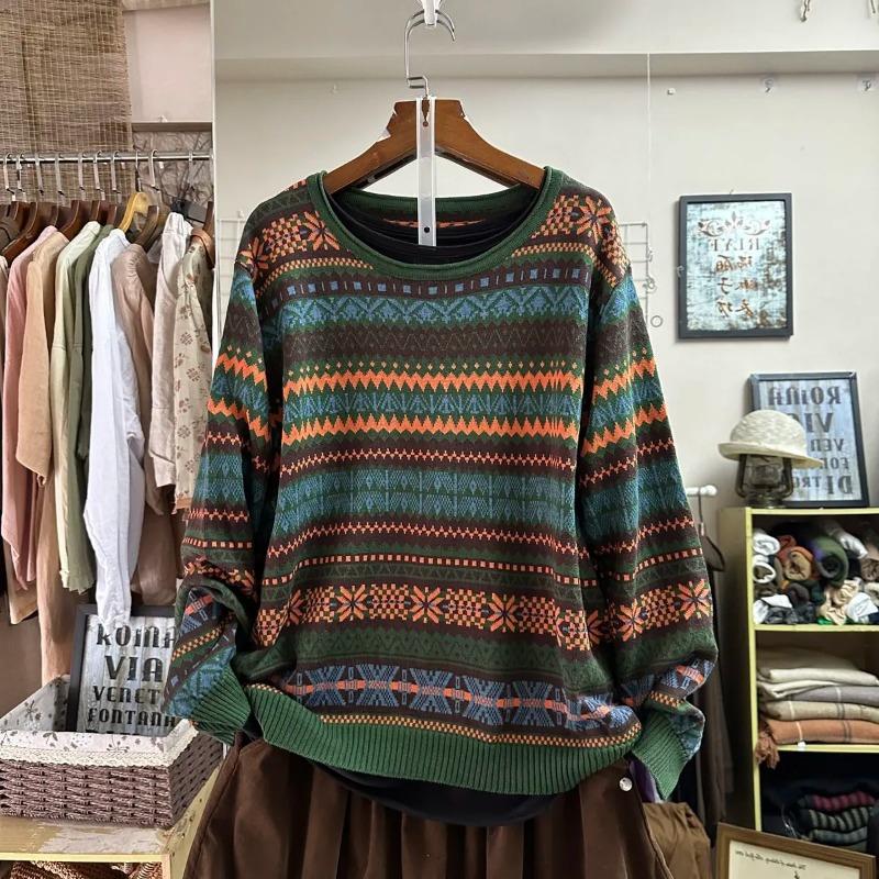 Sweater for Women Autumn Winter Thickened Pullover Warm Knitted Striped Crew Neck Base Layer Stretchy Long Sleeve Oversize Jumper Tops