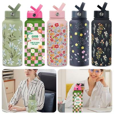 Stainless Steel Sports Water Bottle Large Capacity 1L Vacuum Insulation Thermos Cup Straw Lid Printing Mouth Thermal Mug