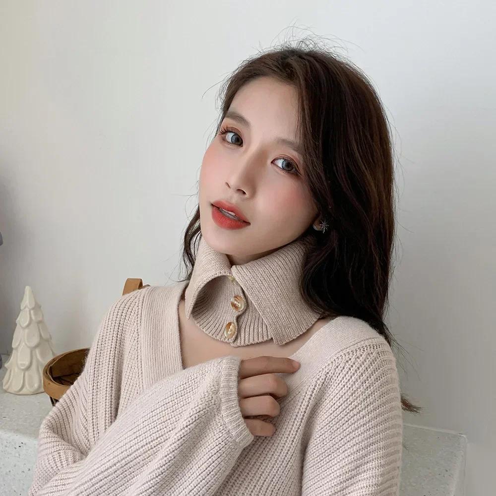 Knitted Button Fake Collar Pullover Scarf for Women's Korean Version Versatile High Neck Sweater Decoration Neck Protection Warm