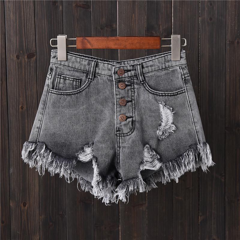 2020 Smoke Gray Ripped Button Denim Shorts for Women - Plus Size, Slimming Wide-Leg Raw Edge Hot Pants