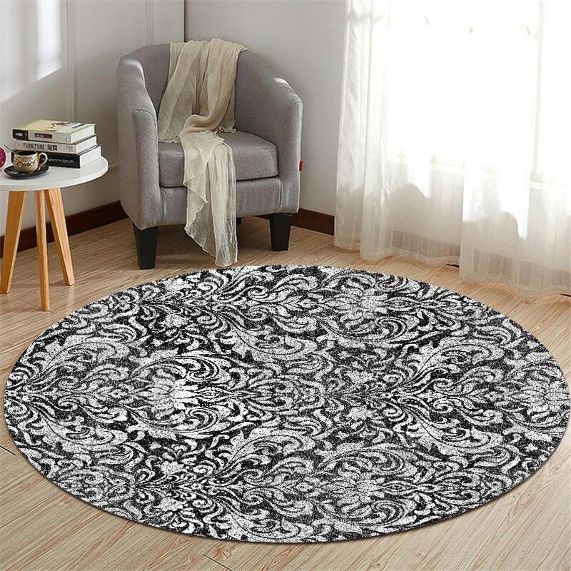 Modern Geometric Patterned Round Area Rug Artistic Gold Line Shape Print Carpet Soft Non Slip Floor Mat For Living Room Bedroom