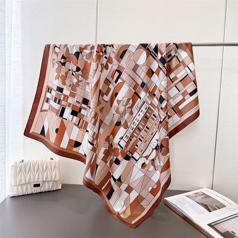 

Luxury Women s Soft Satin Hair Scarves Fashion Square Geometric Printed Headscarf 90cm Professional Accessories Designer Scarf 90X90CM