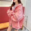 Chinese Cotton Silver Fox Velvet Hooded Cardigan Sweater with Back Collar and Print.