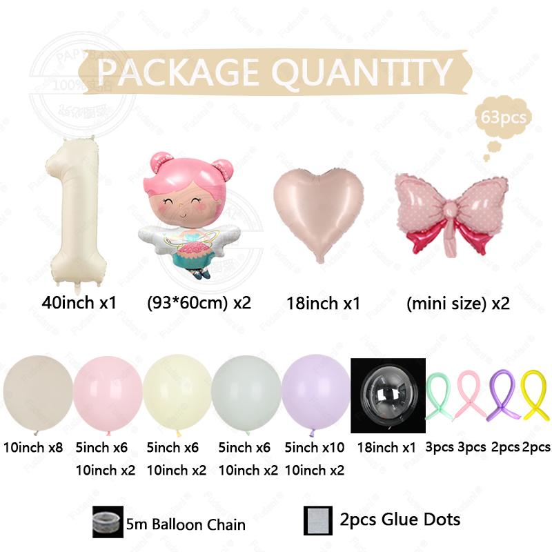 63pcs Flower Fairy Theme Balloon Set with Mini Pink Bow Girl Birthday Party Decoration Wedding Supplies Baby Shower Globos Gifts