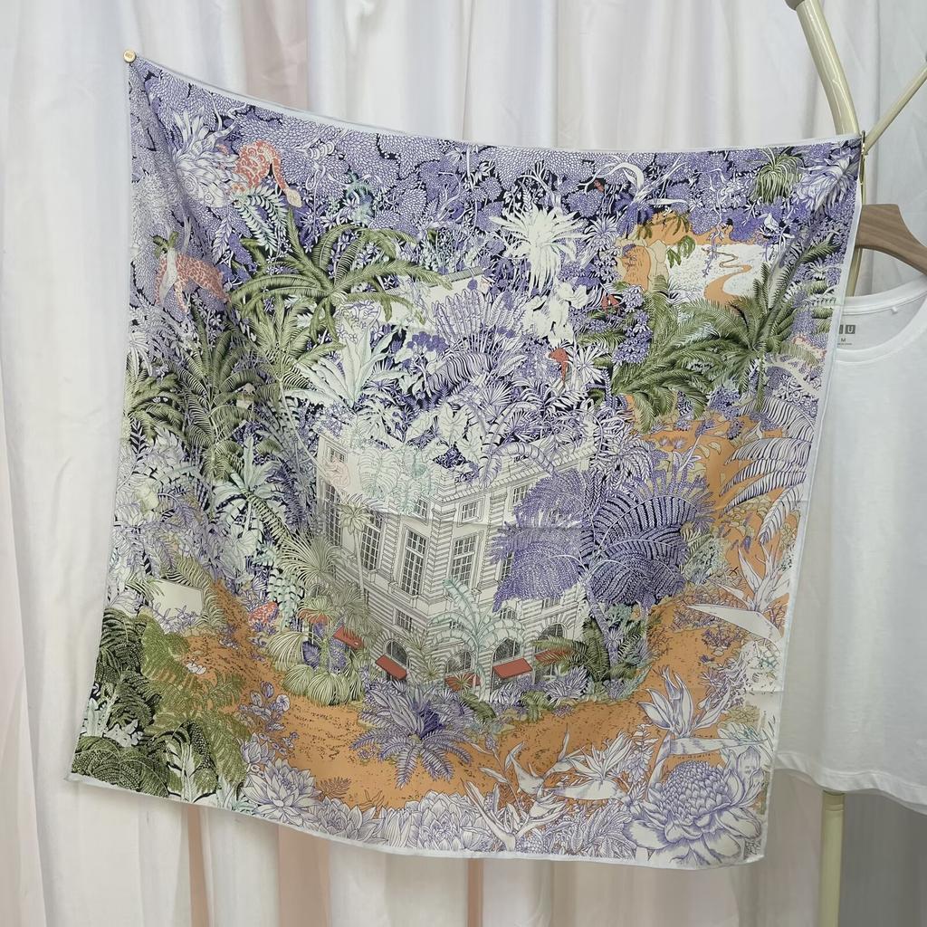 New European  American and Korean Printed Silk Scarf with Large Square Scarf Versatile High-end Twill Sunscreen Decorative Shawl Scarf for Women