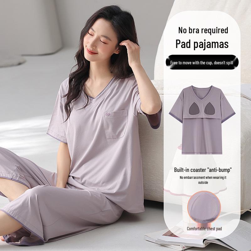 

2026 Women s Summer Pajamas with Built-in Bra: Lyocell Cotton, Short Sleeve, Three-Quarter Pants, Thin Round Neck Loungewear Medium