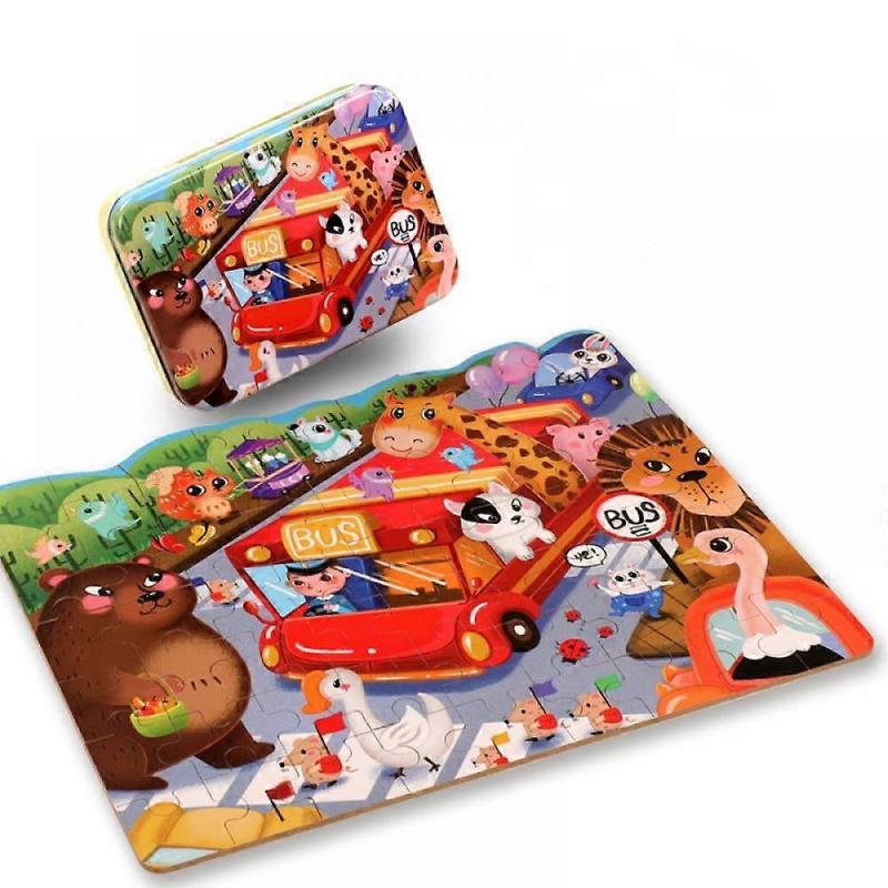 Children's Puzzle Toys, Wooden Flat Puzzle Pieces, Children's Enlightenment Style Wooden Iron Box, Irregular Puzzle Pieces