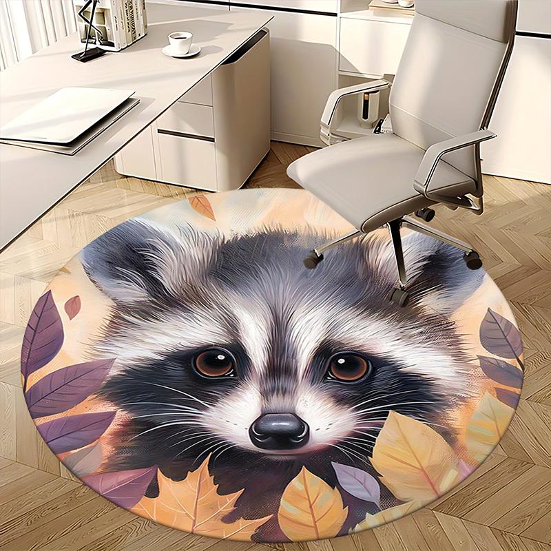 1pc Raccoon Face with Autumn Leaves Round Carpet Anime Design Chair Mat, Non Slip Rug for Office, Home Decor, Living Room, Bedroom