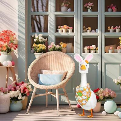 Easter Porch Goose Outfit Spring Lawn Garden Goose Clothes with Bunny Ear And Bandana for 23" Cement or Plastic Goose Statue