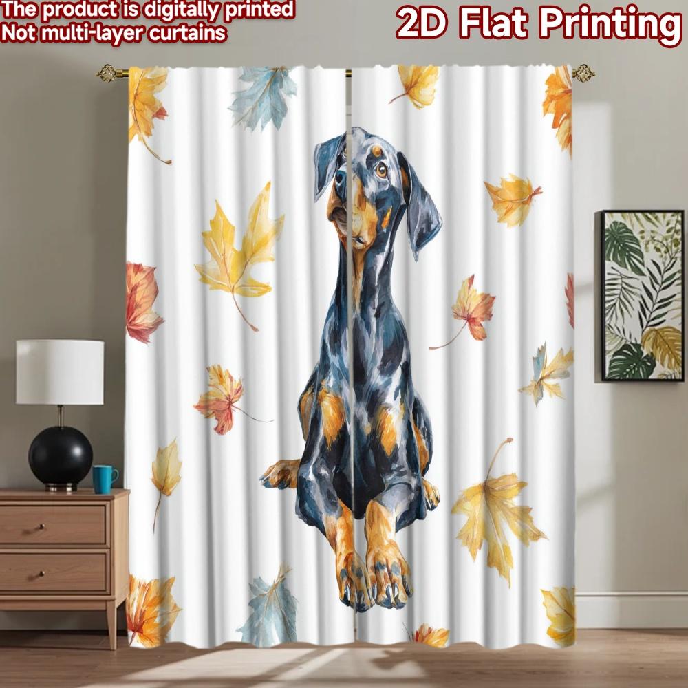 2D flat printing 2pcs Window Treatment Curtains Doberman Autumn Leaves Watercolor Digital Printed Polyester Drapes Festive Wall