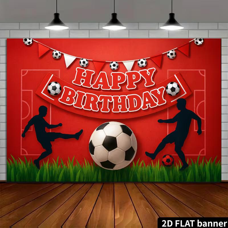 2D Soccer Party Backdrop - Red Grass Football Banner for Kids Sports Birthday Photoshoot