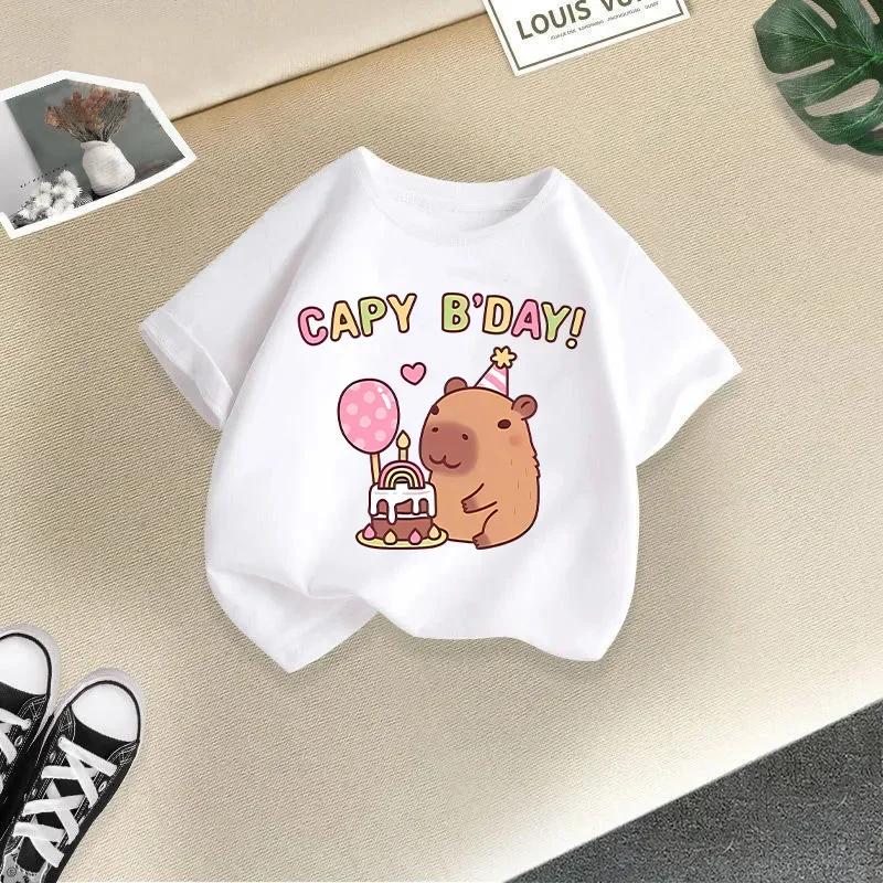 Summer Girls' Short-Sleeved T-shirt Children's round Neck Loose Fit Cute Stylish Capybara Print Casual Top for Kids Modal