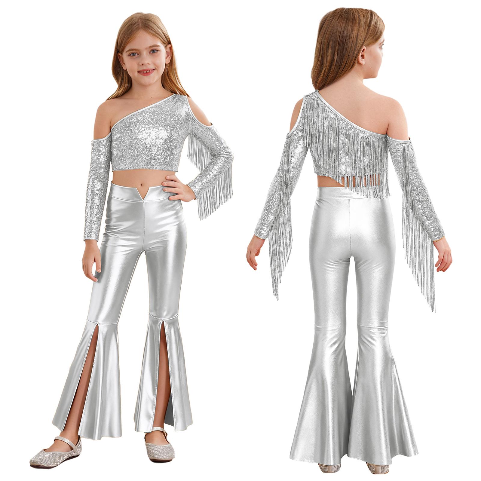 

Girls Pageant Performance Costume One Shoulder Long Sleeve Sequins Crop Top with Split Bell Bottom Pants Tassels Outfit 5-6 Years серебряный