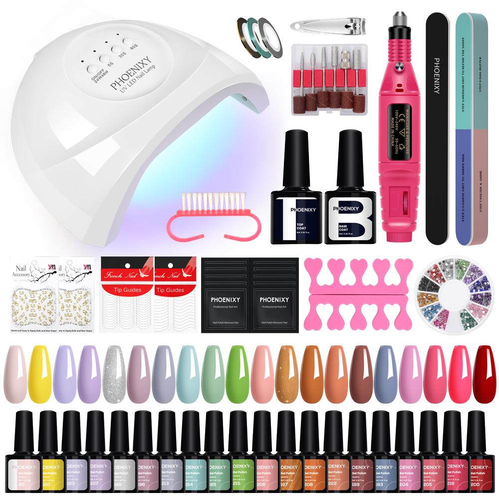 

Полный набор инструментов для дизайна ногтей PHOENIXY, 20 шт. гель-лака для ногтей с УФ-светодиодной лампой для ногтей мощностью 48 Вт, полуперманентный УФ-гель-лак, маникюрный набор для дизайна ногтей