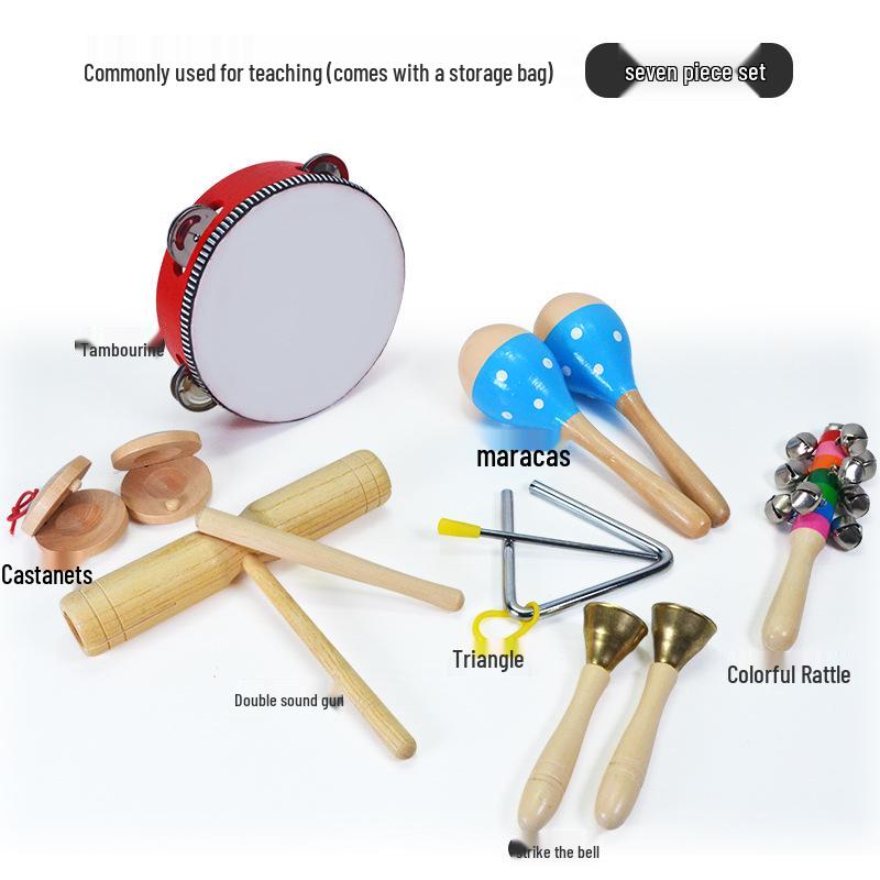 Children's Orff Percussion Instruments: Triangle, Castanets, Maracas, Tambourine, Wood Block, Cymbals