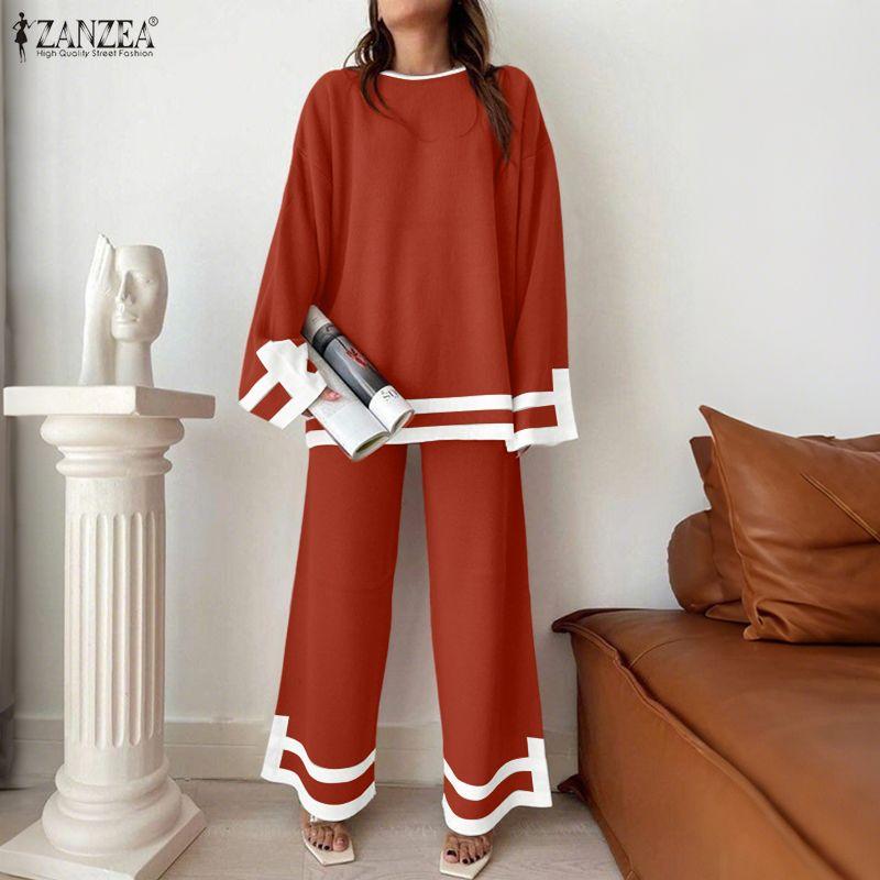 ZANZEA 2PCS Women Long Sleeve Blouse and Pants Stitching Casual Two Piece Suit Sets