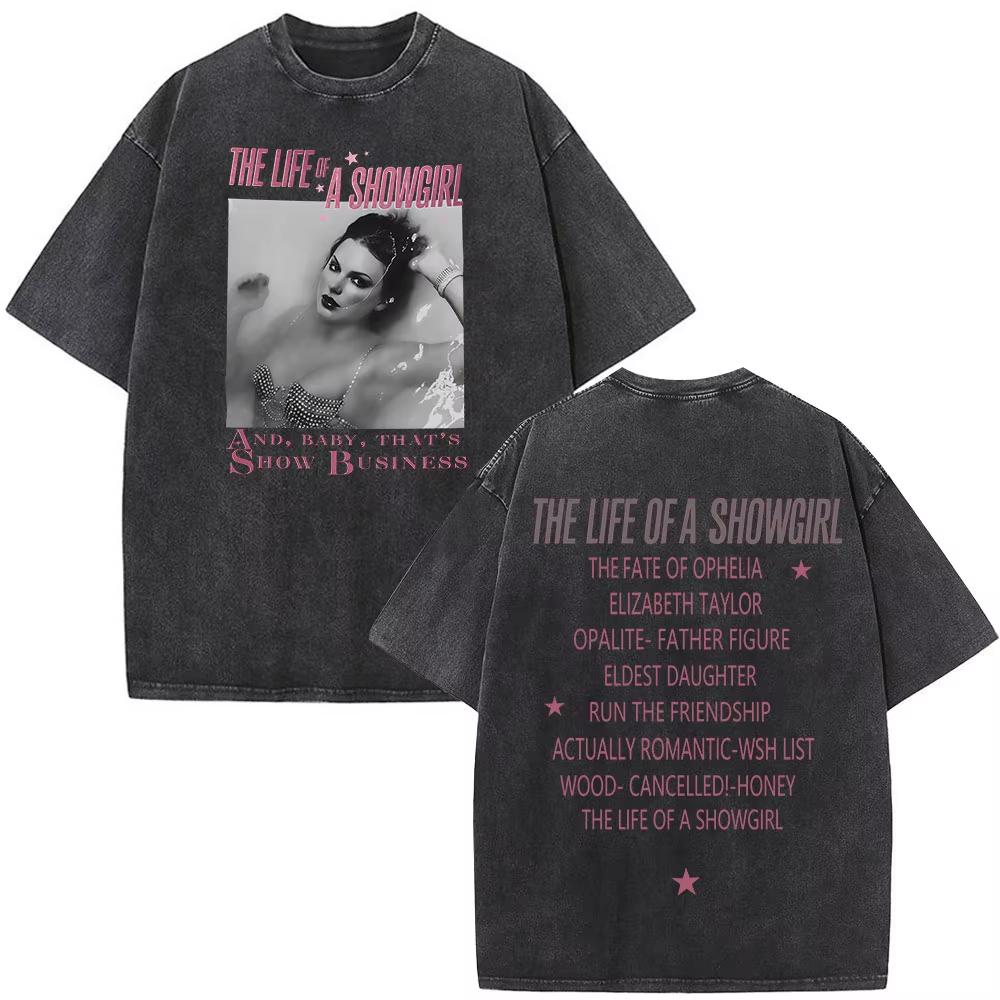 The Life of A Showgirl Album Merch Tshirts Fan Gifts Mens Women Clothing Vintage Washed Cotton Oversized Short Sleeve T Shirts