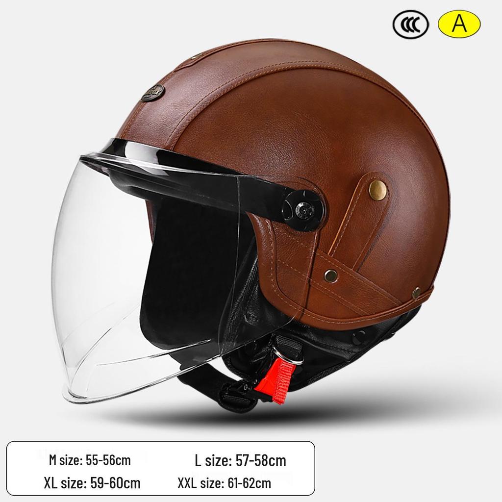 3C Certified Retro Motorcycle Half Helmet, Unisex Leather 3/4 Helmet, All-Season Warm Safety for Motorbikes & Electric Vehicles.