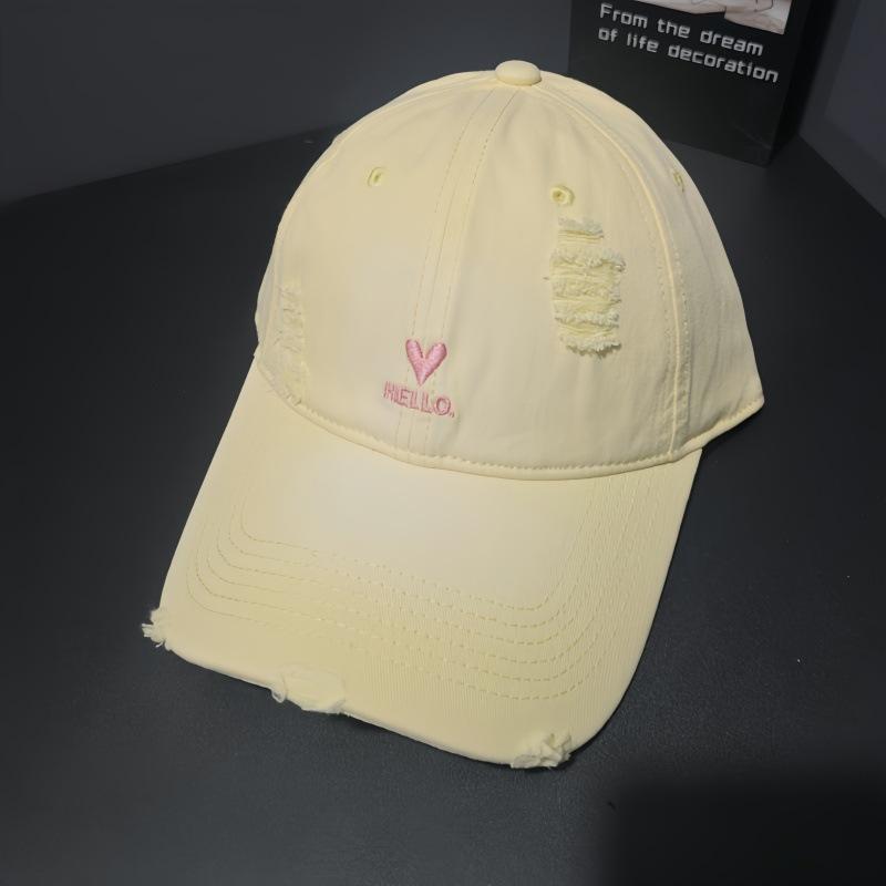 Love Embroidery Ripped Baseball Cap Women's Wide Brim Showing Face Small Versatile Cap Soft Top Big Head Circumference Deep Top Hat