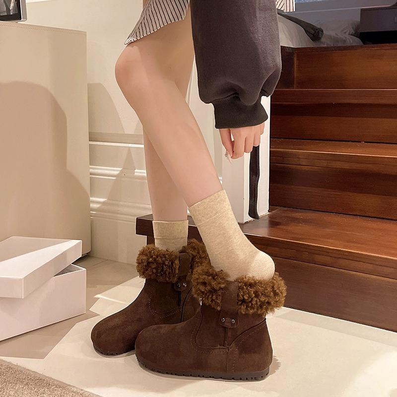 Retro Round Toe Versatile Snow Boots Women's Winter New Fleece Warm Non-slip Fluffy Short-thigh Cotton Shoes
