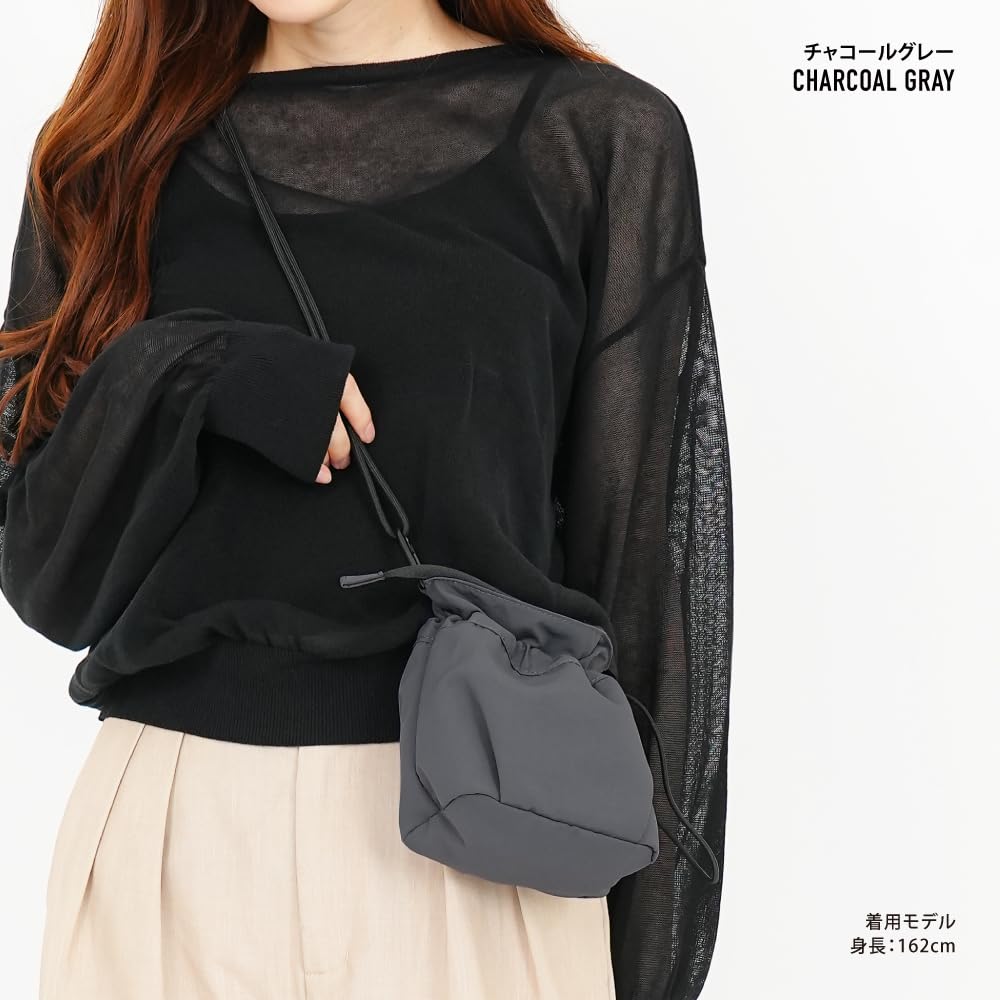 Shoulder bag with drawstring pocket, SDP-30721, charcoal gray