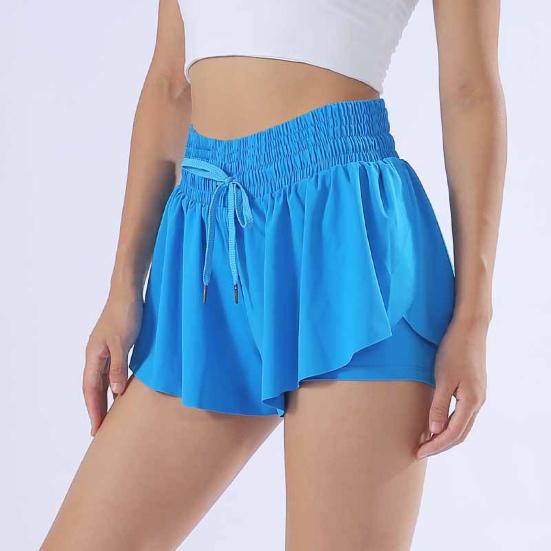 Women Sports Skort Elastic High Waist Adjustable Drawstring Sport Shorts Solid Color Yoga Fitness Shorts