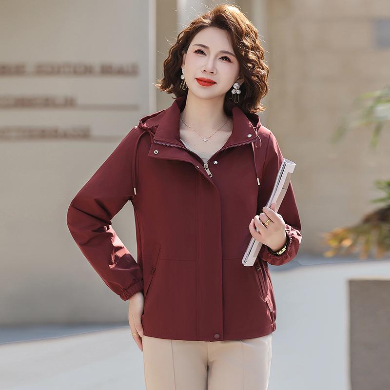Women's Casual Windproof Windbreaker Jacket - Solid Color, Zipper Cardigan for Middle-Aged & Elderly