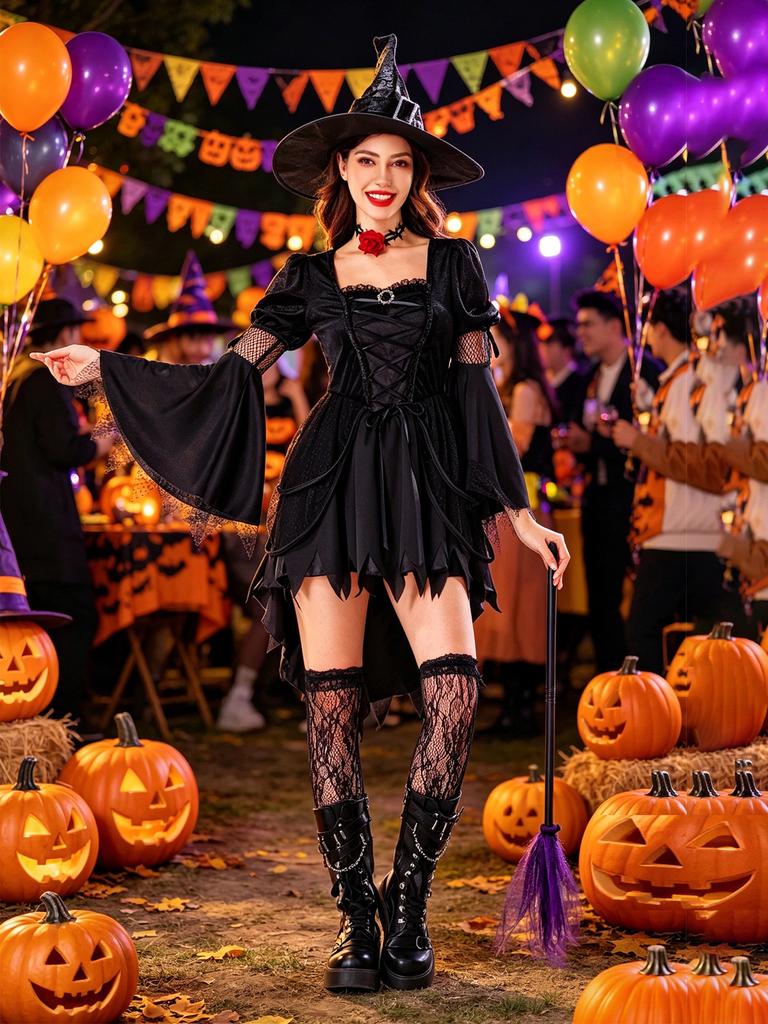 Women's Gothic Witch Halloween Costume Dress Black Adult Size for Party Cosplay