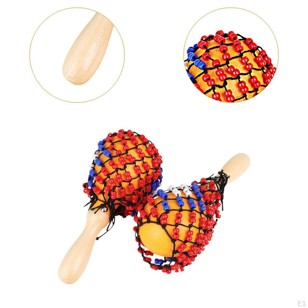 2x Wood Maracas Hand Percussion Bead Net DIY Portable Sand Hammers Musical Instrument for Game
