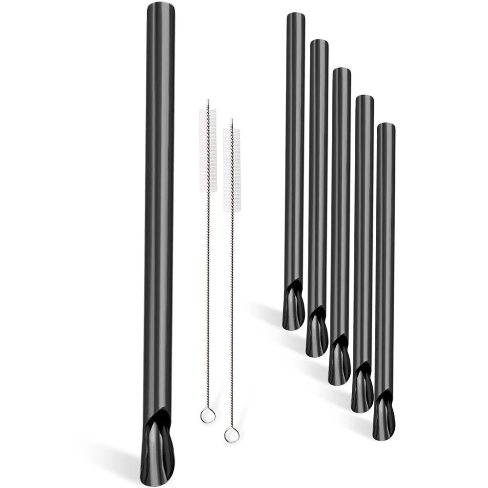 8Pcs Stainless Steel Straw Reusable Pearl Milkshake Bubble Tea Straws with Brush Stirring Smoothie Spoon Shaped Straw Set
