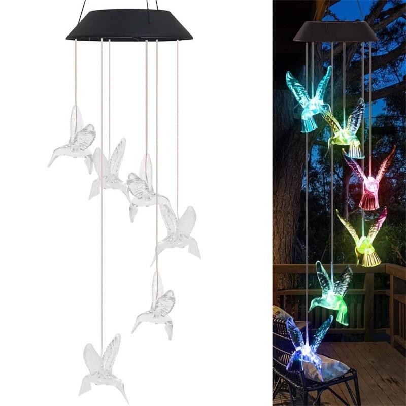 Solar Powered Wind Chime With LED Lights Metal Bells Hummingbird Butterfly Decor Garden Patio Yard