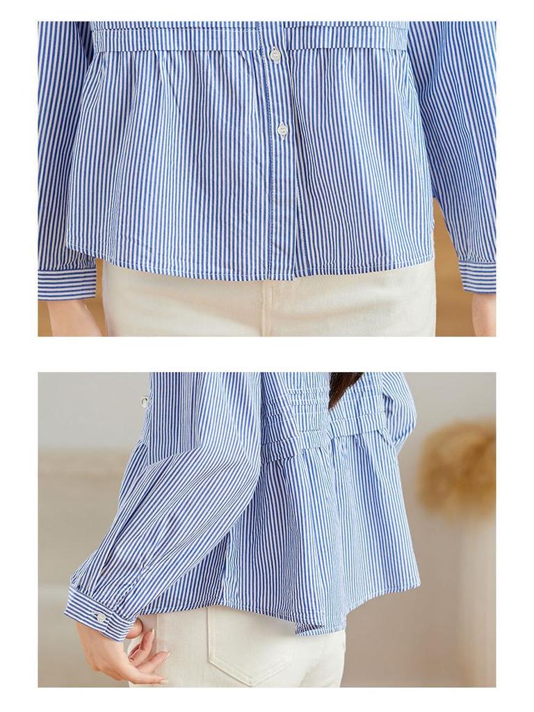 2025 Women's Pure Cotton Striped Long Sleeve Round Neck Shirt – Comfortable, Breathable, Versatile Casual Classic