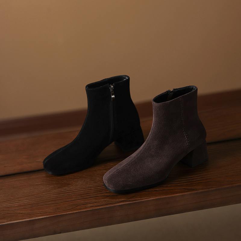 Krazing Pot 2026 cow suede nubuck Winter Square Toe Chunky Heels Chelsea Fashion Boots Women Zip Retro Women Ankle Boots