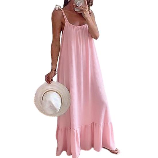 Women's Summer Casual Loose Dress Tie Shoulder Sleeveless Square Neck Maxi Dress A-Line Ruffle Flowy Beach Sundress