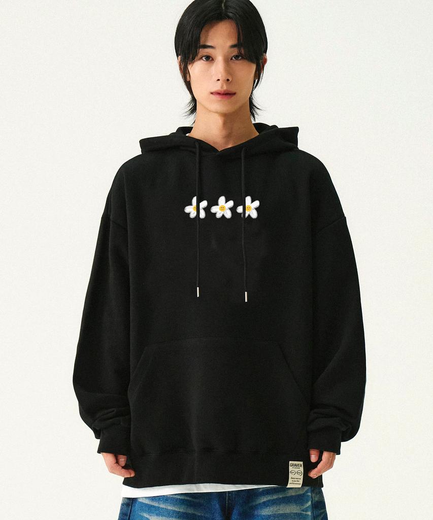 [Unisex] 3 Painting Flower Smile Hoodie_Black