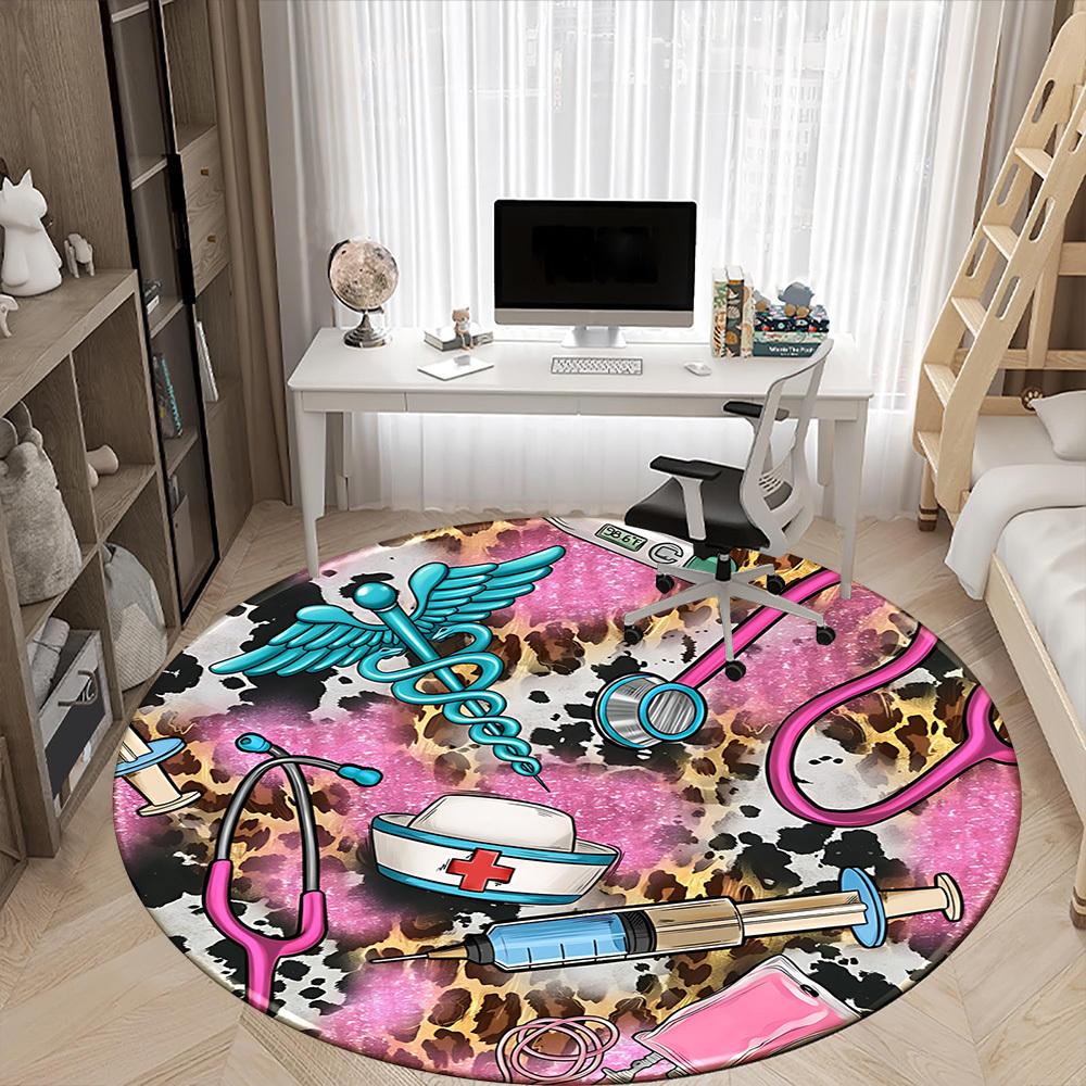 1pc Leopard Nurse Print Chair Carpet for Office, Round Polyester Mat, Indoor Decor for Office, Easycare Fabric, Washable Non-slip Area Carpet