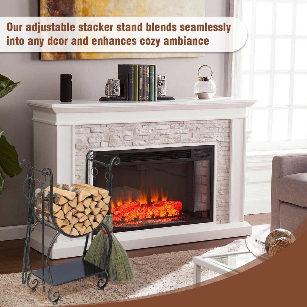 Mobile Firewood Rack Organizer Sets with 4 Fireplace Tools Black Copper Log Holder Adjustable Stacker Stand No Need To Install
