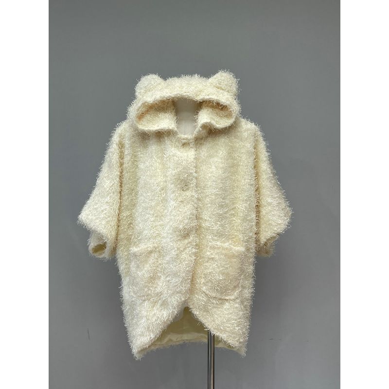 

Fall 2024 New Arrival Milky Yellow Furry Younger Ear Hooded Long Lazy Batwing Shirt Outwear Milk yellow All yards
