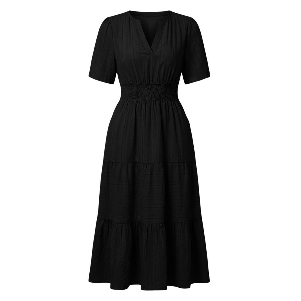 Women's Casual V Neck Dress with Gathered Puff Sleeves and Flared Hem Short Sleeve Midi Dress with Pockets