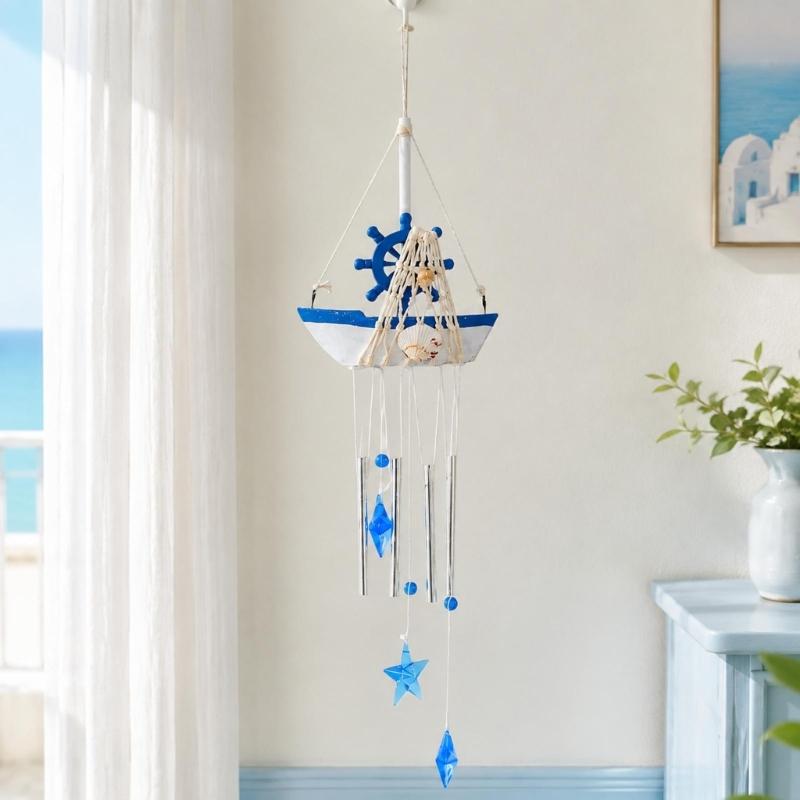 Coastal Wind Chimes with Blue and White Sailboats, Carving and Painted Detail, and Metal Tube, Star Pendants for Entryway Decors
