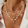 3pcs Set Temperament Imitation Pearl Beaded Stack Wear Gold Color Heart Shape Pendant Necklace for Women Collar Chain Jewelry