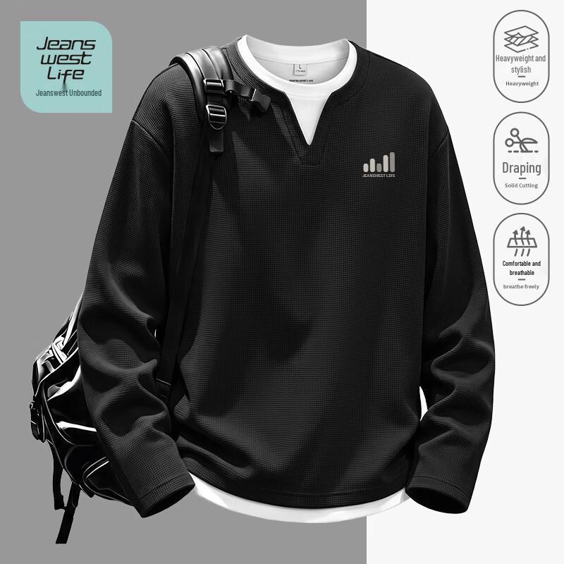 JEANSWEST LIFE Men's Waffle Knit Faux-Layered Long Sleeve T-Shirt